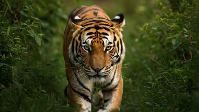 Majestic tiger prowling through lush green jungle dense foliage wildlife