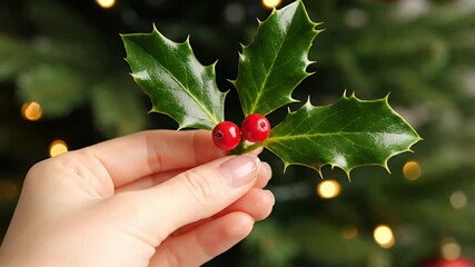 Close-up of a hand holding vibrant green holly leaves with bright red berries against a festive blurred Christmas tree background with warm bokeh lights - Powered by Adobe