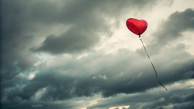 A red heart shaped balloon floats against a dramatic cloudy sky with a long string trailing behind it - Powered by Adobe