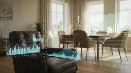 Modern living room with financial data overlay displayed - Powered by Adobe