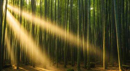 Golden sunbeams filter through a dense, green bamboo forest creating mystical light rays.