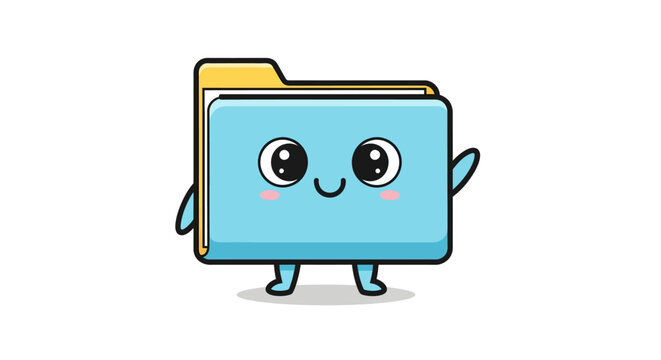 A cute and friendly blue file folder cartoon character with a happy face waving hello.