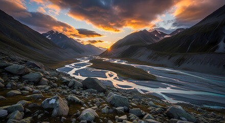 Dramatic sunset illuminates a winding glacial river valley with rugged mountains and rocky foreground.