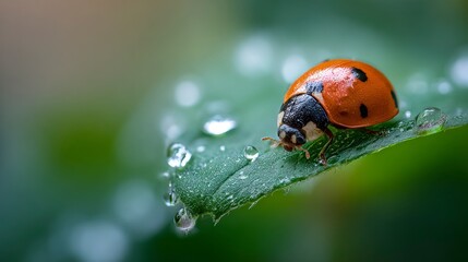Fototapeta premium Ladybug on wet leaf closeup
