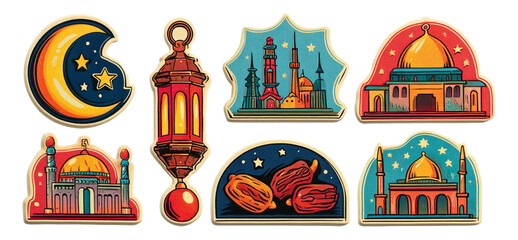 Colorful Art Illustrations of Islamic Architecture and Cultural Symbols Isolated