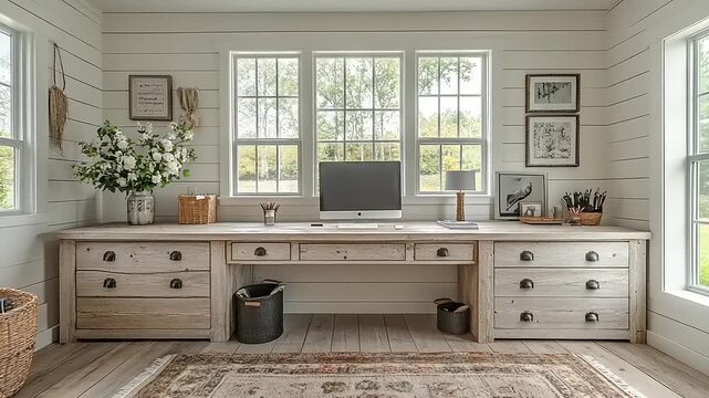 Modern home office with natural light and decor
