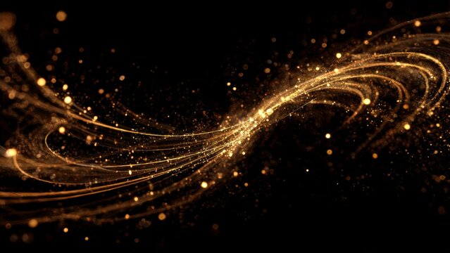 Golden spark particles swirling in the air on black background