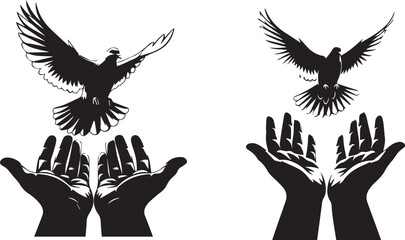Hands releasing birds in flight – bold black and white silhouette icons of freedom, peace, and emotional release