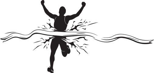 Runner breaking finish line ribbon – bold black and white silhouette icon of triumph, success, and athletic achievement