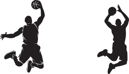Basketball players performing slam dunks – bold black and white silhouette icons of athleticism, motion, and sports energy