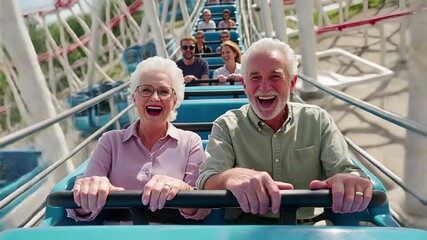 elderly couple enjoying thrilling roller coaster ride at amusement park | travel, senior lifestyle, family, leisure, memories theme
