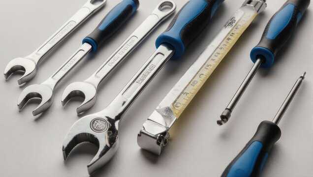 Assortment of Wrenches and Screwdrivers on a White Surface.