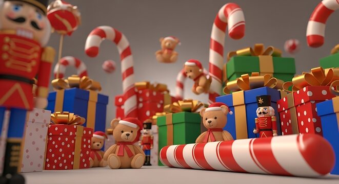 A delightful 3D render featuring a playful scene with whimsical toy characters, candy canes, and colorful gift boxes. This background is perfect for evoking the joyful, childlike wonder of Christmas