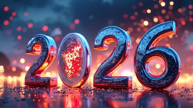A vibrant 2026 display glows, celebrating a global Happy New Year with festive bokeh lights, reflecting worldwide anticipation.