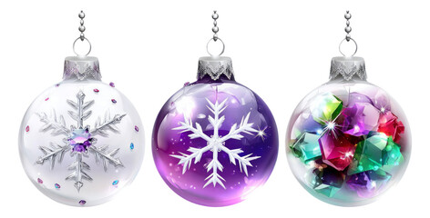 Three Decorative Christmas Ornaments with Snowflakes and Colorful Gems