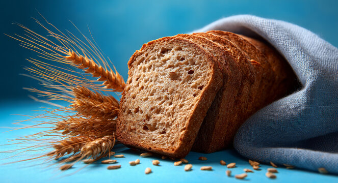 Freshly sliced rye bread with wheat ears on blue background evokes sense of warmth and comfort