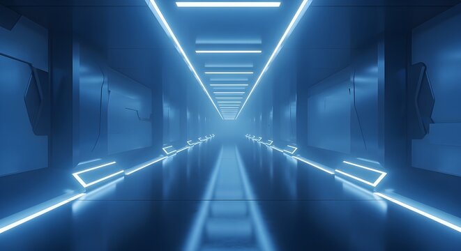 Abstract futuristic 3D tunnel architecture interior with blue light and empty underground station corridor