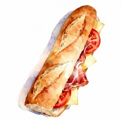 Delicious watercolor baguette sandwich with prosciutto, tomato and cheese