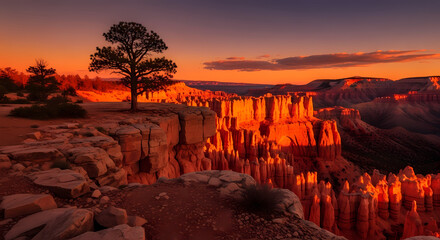 A lone tree stands on the edge of a canyon overlooking hoodoos illuminated by the warm glow of a sunset.
