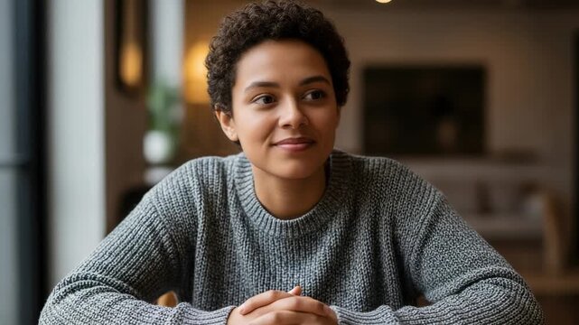 Smiling young adult Black woman with short curly hair wearing a grey sweater, sitting at a table indoors, looking thoughtfully to the side.