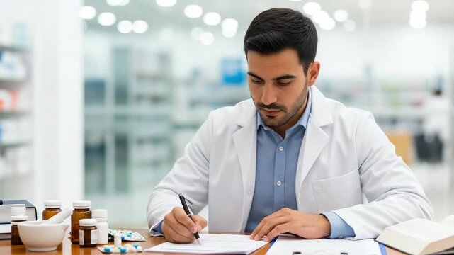 Young male pharmacist or doctor in a white lab coat writing notes at a desk in a modern pharmacy or medical office.