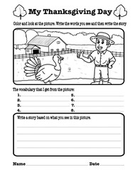Thanksgiving Turkey Farm Story Writing Worksheet for Kindergarten and Grade 1–3, 8.5”x11” size 