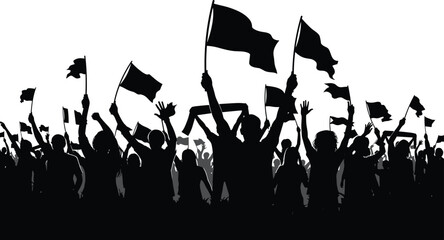 Silhouette crowd of cheering people waving flags at public event, protest or celebration, vector illustration of unity, freedom, and activism concept