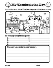 Naklejka premium Thanksgiving Farm Story Writing Worksheet for Kindergarten and Grade 1–3, 8.5”x11” size 