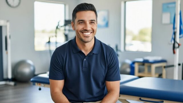 Smiling young Hispanic male physical therapist in his 30s sitting on a treatment table in a modern rehabilitation clinic, ready to assist patients with their recovery.