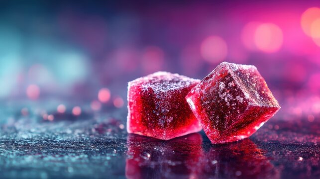 Colorful, sparkling candy cubes glisten against a vibrant, blurred background, creating a sweet and enticing visual appeal.