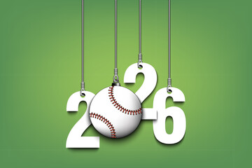 Numbers 2026 and baseball ball as a Christmas decorations are hanging on strings. New Year 2024 are hang on cords. Template design for greeting card. Vector illustration on isolated background