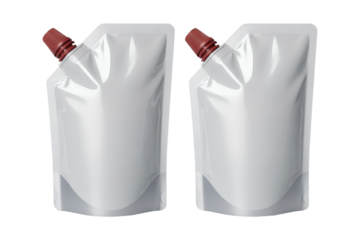 Two blank white spout pouches with red caps, ready for custom branding and liquid packaging design mockups