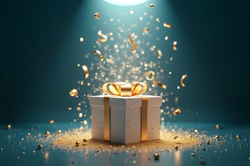 A luxurious white gift box with golden ribbon bursts in celebration, surrounded by sparkling gold confetti and festive ribbons against a dark teal backdrop  perfect for luxury birthdays or special occ