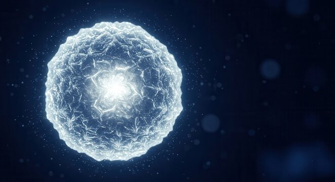 Glowing microscopic structure radiates bright internal light against a dark blue background