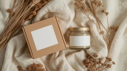 Minimal Branding Mockup with Kraft Box and Glass Jar on Linen with Dried Botanicals
