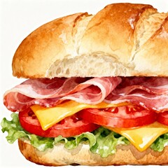 Delicious watercolor pork ham cheese and tomato sandwich