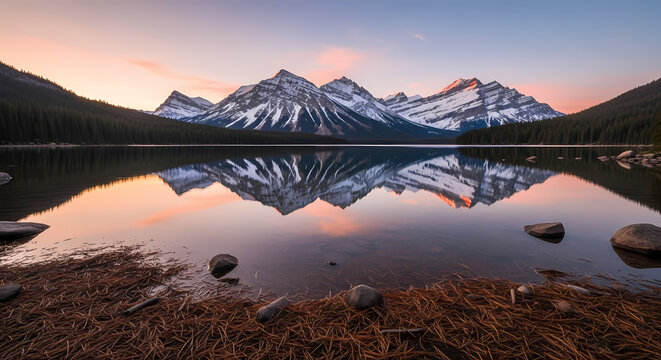 Serene mountain lake reflecting snow-capped peaks under a colorful sunrise sky with calm water and foreground grass.