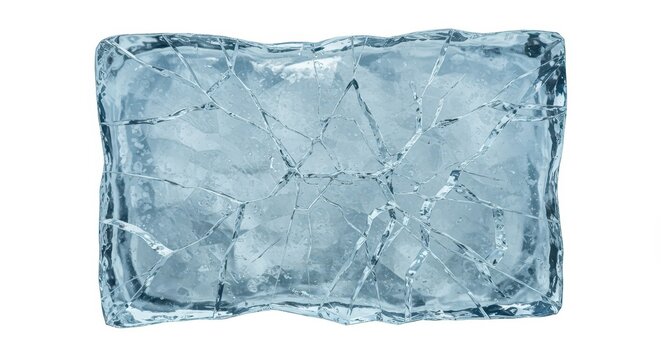 Transparent rectangular block of frozen water displays extensive internal fracture patterns