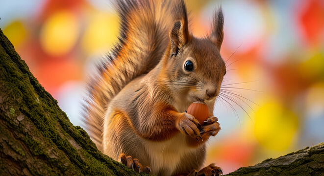 A cute red squirrel sits on a tree branch holding a nut with a colorful autumn background.