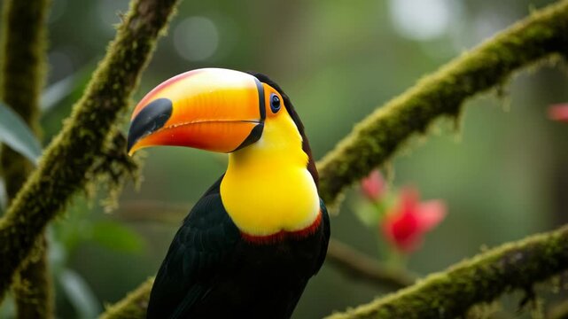 Colorful toucan perched on lush green tropical tree branches vibrant bird indoors