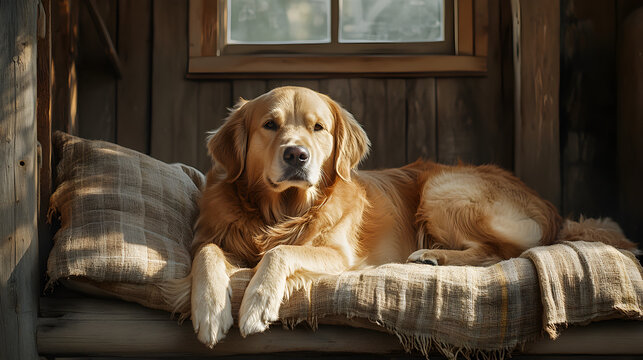 Cute golden retriever puppy sitting on a sofa or chair, an adorable portrait of a happy domestic canine pet - Powered by Adobe