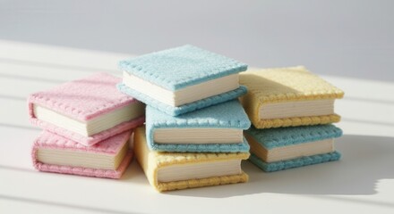 Stack of pastel colored, soft-covered miniature books arranged on a light surface