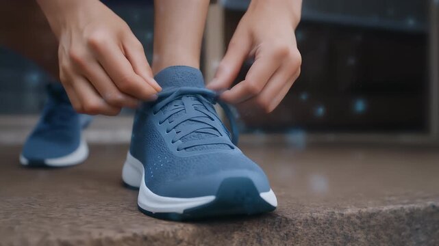 Blue athletic shoe running sneaker hand lacing fitness smart technology tie suggesting comfortable healthy stride active longevity lace up motion