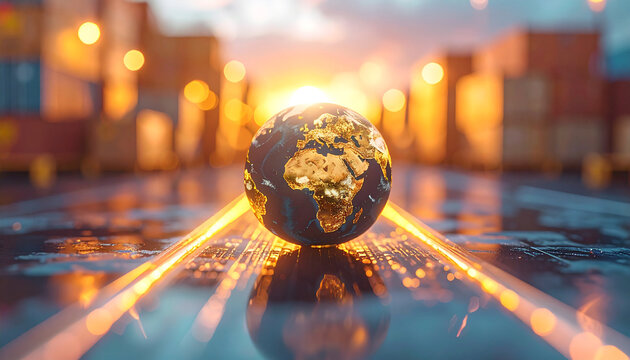 Global Trade Highway: A vibrant visualization of international commerce, with a miniature globe at the center, illuminated by golden pathways and framed by cargo containers and a radiant sunrise. 