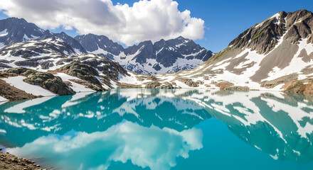 A vibrant turquoise alpine lake reflects snow-covered mountains under a blue sky with white clouds.