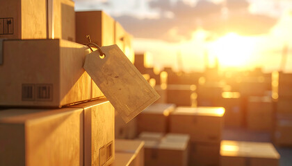 Boxes under the Sunset Glow: A multitude of cardboard boxes, labeled and ready for dispatch, are bathed in the warm, golden light of the setting sun, evoking a sense of global connectivity.