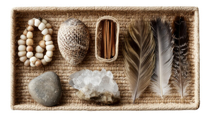 Natural Objects Collection with Shells, Stones, Feathers and Essential Materials