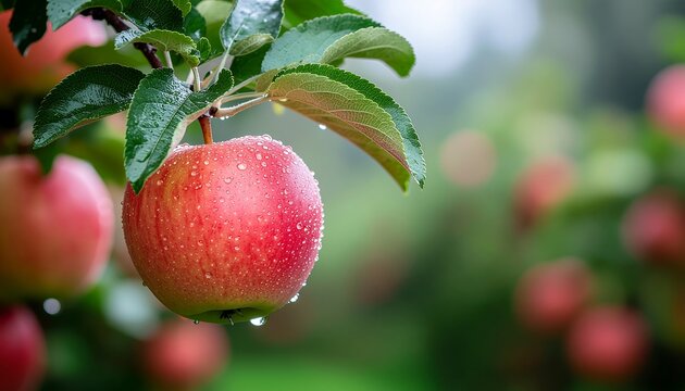 Close-up of ripe apple hanging on tree branch with dew droplets, fresh orchard and natural fruit harvest concept, leaves in soft focus.