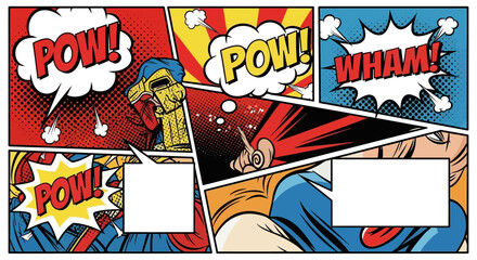 Fototapeta premium Dynamic Comic Book Strip with Action Sounds and Blank Speech Bubbles.