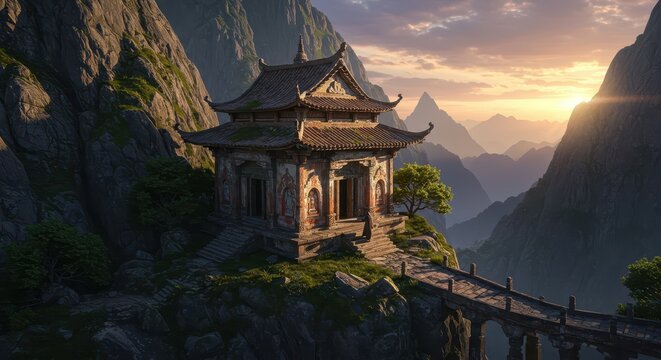 Ancient stone sanctuary rests precariously on a steep mountain slope bathed in soft sunset light